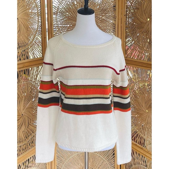 Vintage Calvin Klein Ivory Tone Fall Orange Brown Striped Boat Neck Sweater L - Picture 1 of 5